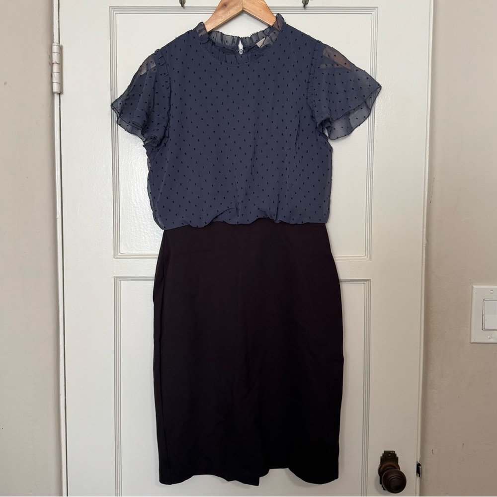 LOFT Swiss Dot Flutter Sleeve Black and Blue Chiffon - Size 2 Small